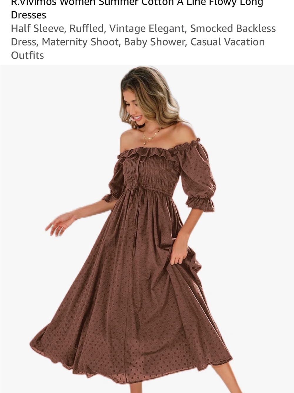 Off-Shoulder Smocked Midi Dress in Brown